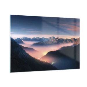 Cuadro sobre vidrio - Impresiones sobre Vidrio - Paisaje de montaña al atardecer con niebla en el valle - 100x70cm - Luz en los valles - Decoración de pared moderna para salón y dormitorio ARTTOR