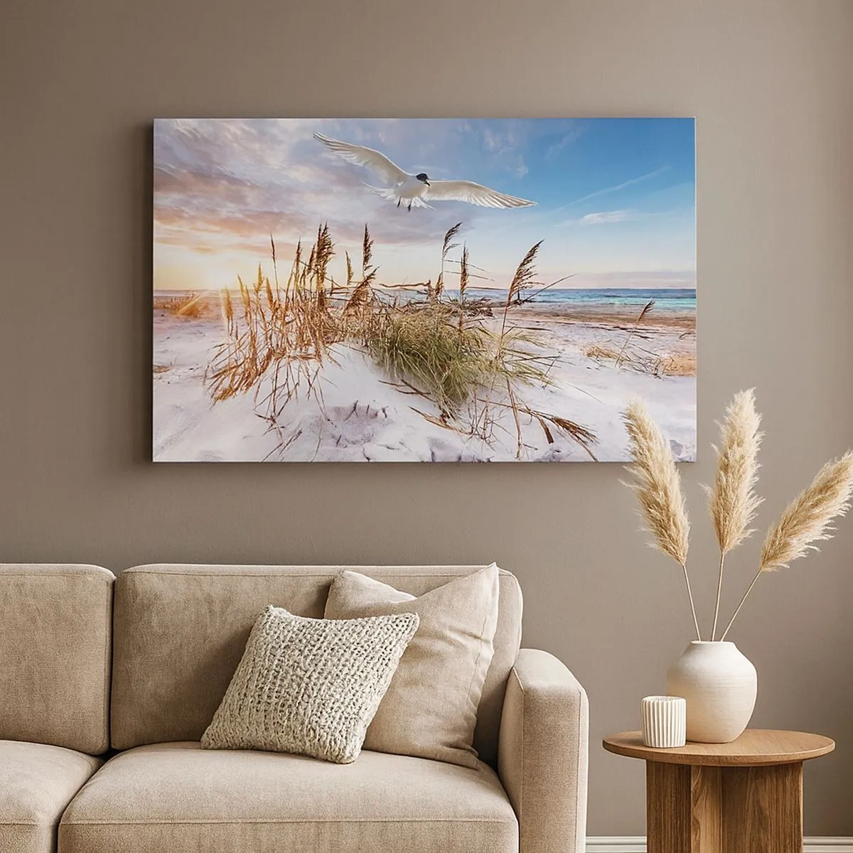 Cuadro sobre lienzo - Impresión de Imagen - Playa con gaviotas volando al atardecer - 70x50cm - Viento del mar - Decoración de pared moderna para salón y dormitorio ARTTOR