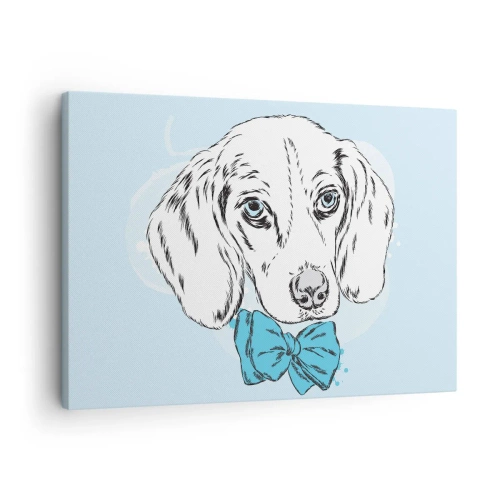 Cuadro sobre lienzo - Impresión de Imagen - Adorable gráfico de un perro con una pajarita sobre un fondo pastel. - 70x50cm - Elegancia canina - Decoración de pared moderna para salón y dormitorio ARTTOR