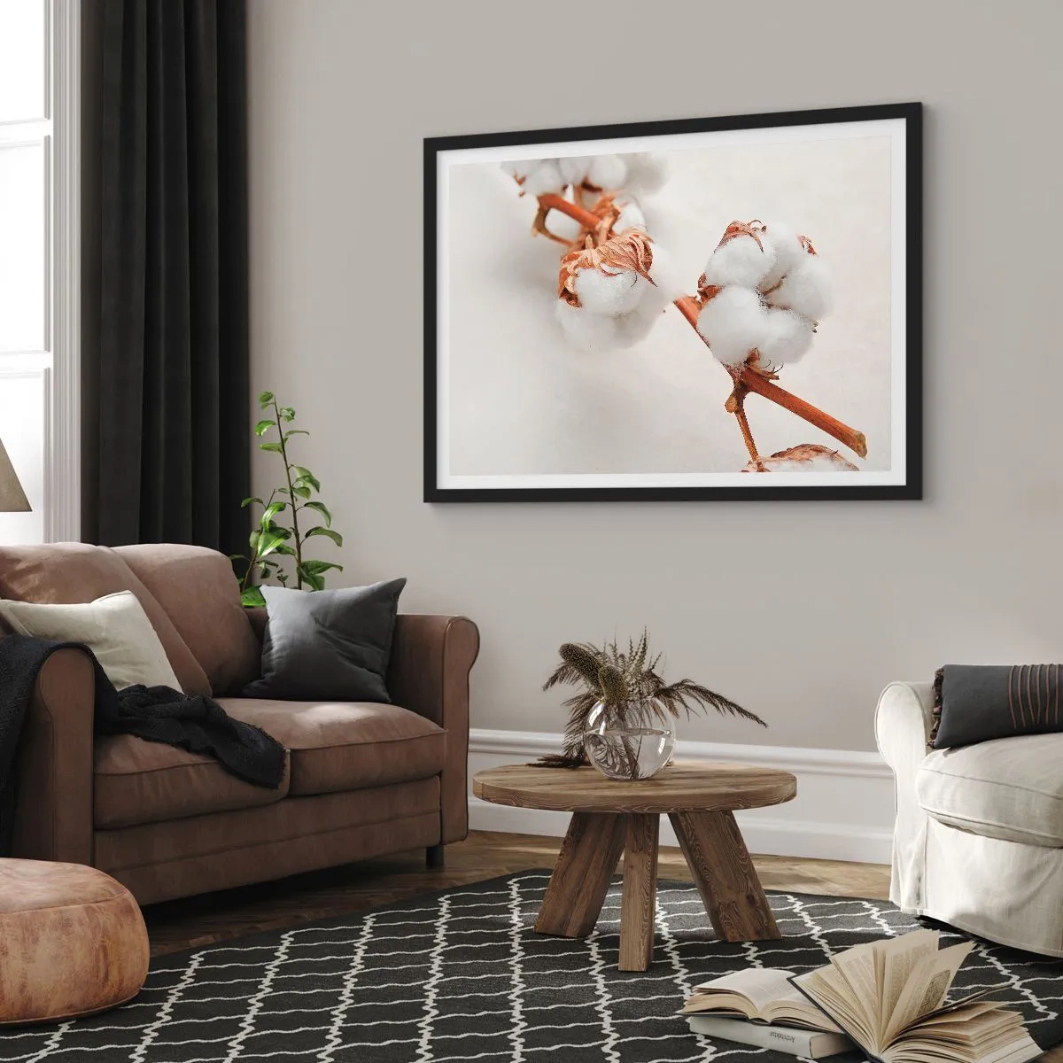 Póster en marco negro - Una ramita de algodón sobre un fondo sutil. - 70x50cm - Un suave tacto - Decoración de pared moderna para salón y dormitorio ARTTOR