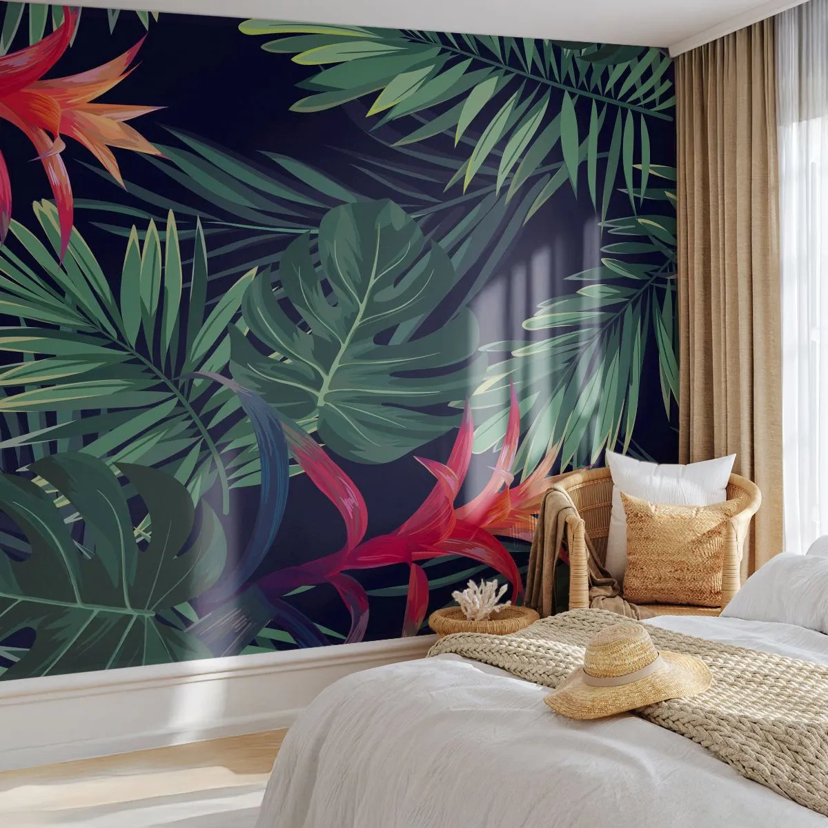 Fotomural Premium Canvas - Encender el color verde - flores, planta tropical, Hojas de palma - 200x140 cm