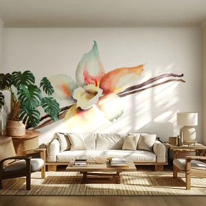 Fotomural Premium Sand - Ilustración en acuarela de una flor de vainilla sobre un fondo blanco. - 100x70cm - Dulzura salpicada de pintura - Decoración de pared moderna para salón y dormitorio ARTTOR