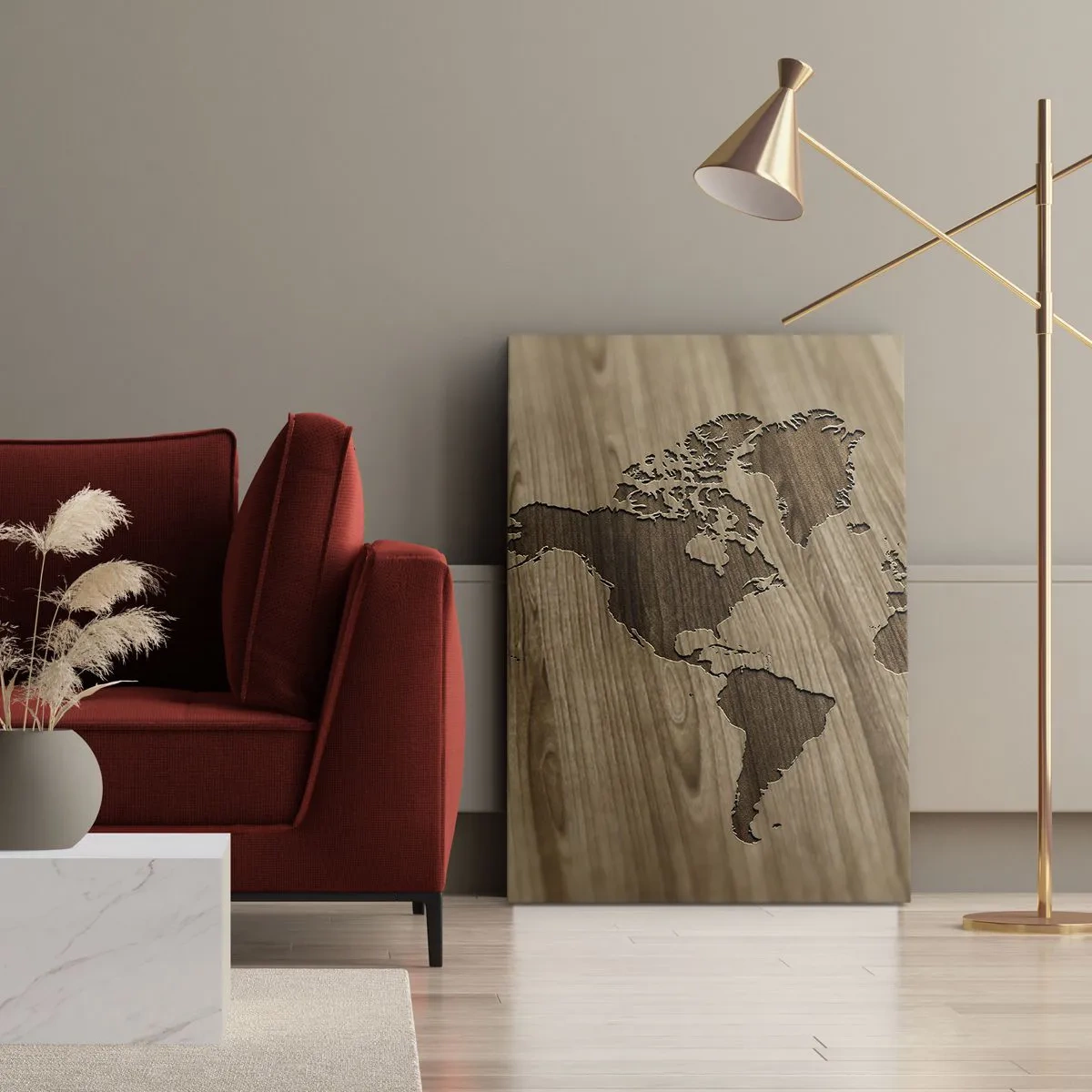 Cuadro sobre lienzo - Impresión de Imagen - Un mapa del mundo recortado sobre una superficie de madera. - 70x100cm - El mundo servido en la mesa - Decoración de pared moderna para salón y dormitorio ARTTOR