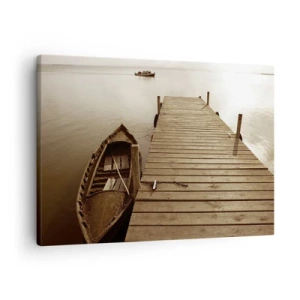 Cuadro sobre lienzo - Impresión de Imagen - Muelle de madera y barco en un lago tranquilo - 70x50cm - La auténtica paz - Decoración de pared moderna para salón y dormitorio ARTTOR