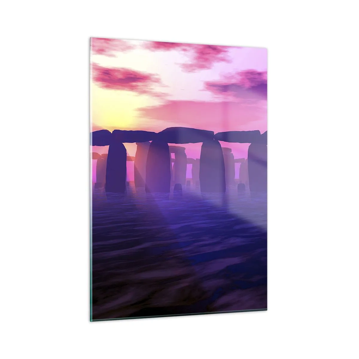 Cuadro sobre vidrio - Impresiones sobre Vidrio - Stonehenge a la luz de un atardecer rosado - 50x70cm - Misterio al amanecer en la niebla - Decoración de pared moderna para salón y dormitorio ARTTOR