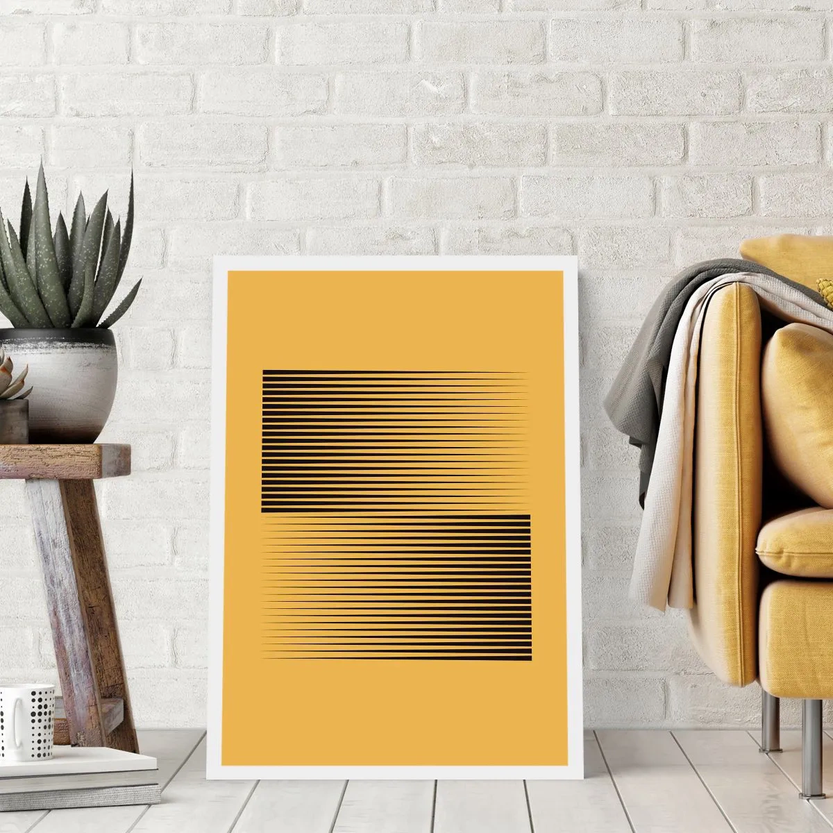 Póster - Una composición minimalista de líneas sobre un fondo mostaza. - 50x70cm - Cuadrado de opuestos - Decoración de pared moderna para salón y dormitorio ARTTOR