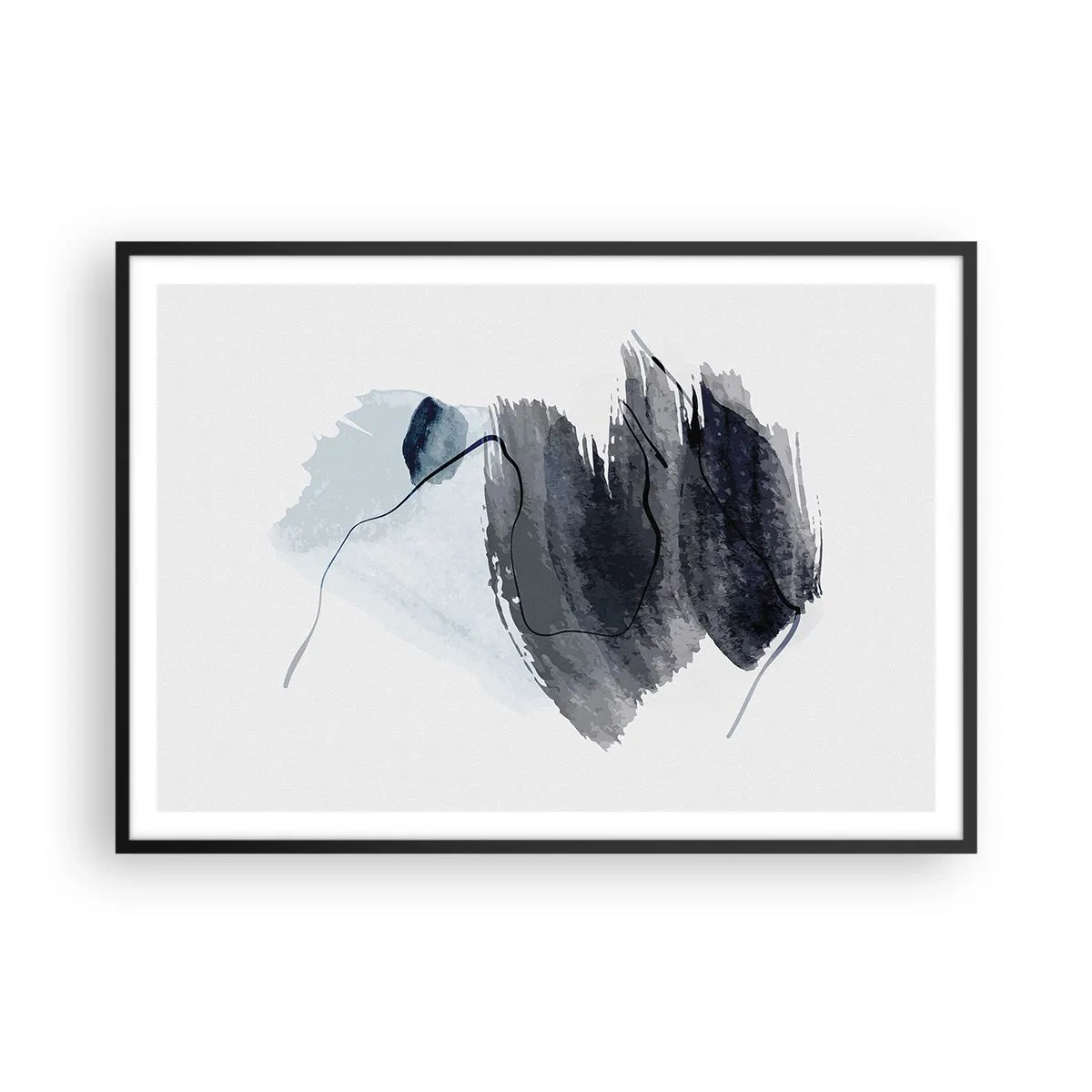 Póster en marco negro - Composición abstracta en tonos grises y azules. - 100x70cm - Intensidad y movimiento - Decoración de pared moderna para salón y dormitorio ARTTOR