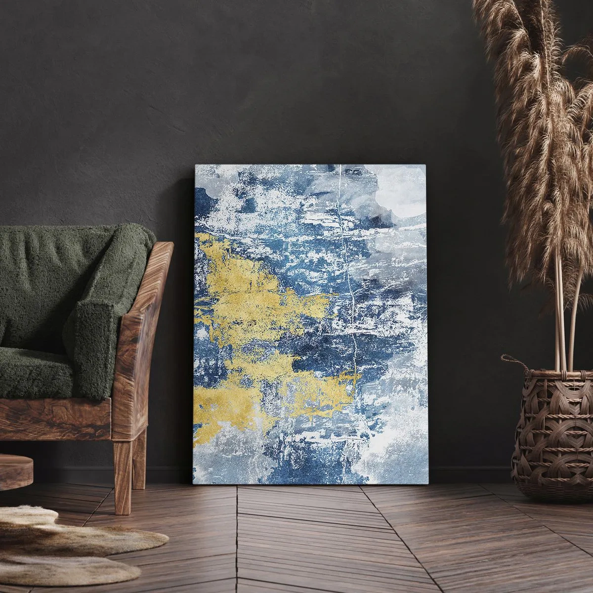 Cuadro sobre lienzo - Impresión de Imagen - Abstracción en tonos azules y amarillos - 70x100cm - Una abstracción serena - Decoración de pared moderna para salón y dormitorio ARTTOR