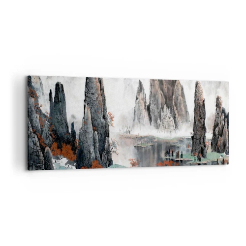 Cuadro sobre lienzo - Impresión de Imagen - Rocas y árboles pintorescos en el brumoso paisaje chino - 120x50cm - Poderosos guardianes - Decoración de pared moderna para salón y dormitorio ARTTOR