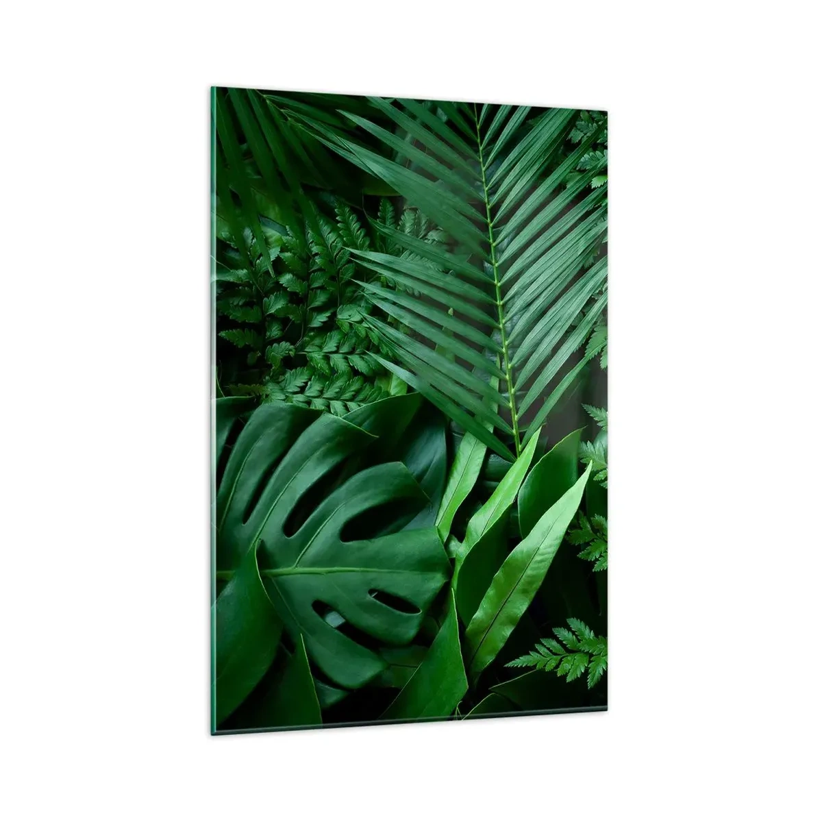 Cuadro sobre vidrio - Impresiones sobre Vidrio - Hojas tropicales verdes en una composición densa y natural. - 80x120cm - Abrazo verde - Decoración de pared moderna para salón y dormitorio ARTTOR