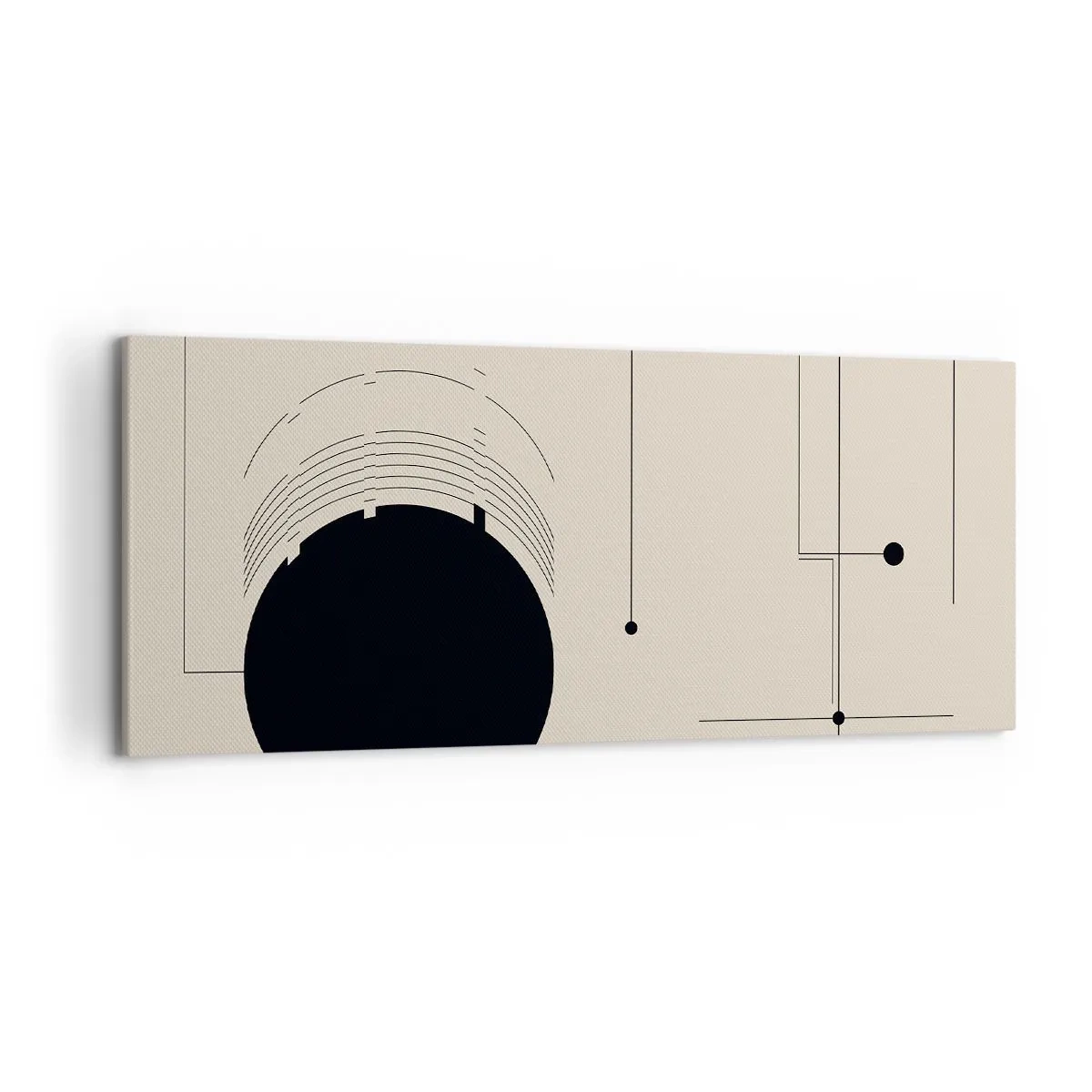 Cuadro sobre lienzo - Impresión de Imagen - Líneas geométricas negras y un círculo sobre un fondo beige. - 120x50cm - Composición elástica y dinámica - Decoración de pared moderna para salón y dormitorio ARTTOR