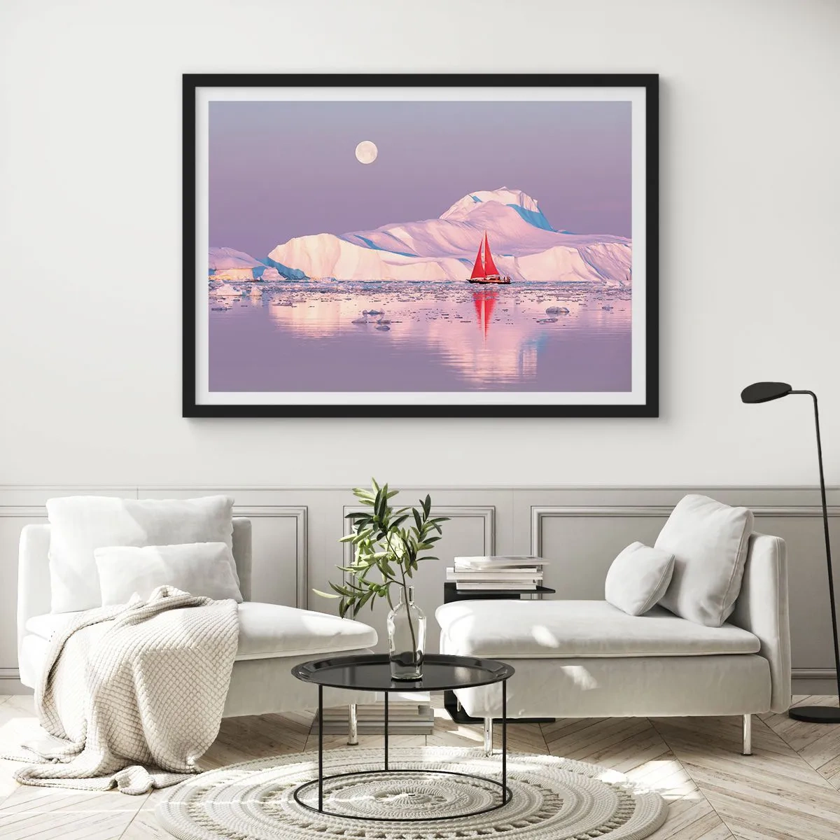 Póster en marco negro - Una vela roja con el telón de fondo de montañas heladas y una luna llena. - 70x50cm - El calor de la vela, el frío del hielo - Decoración de pared moderna para salón y dormitorio ARTTOR