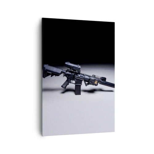 Cuadro sobre lienzo - Impresión de Imagen - Un rifle moderno en negro sobre un fondo oscuro. - 70x100cm - Un caballero oscuro - Decoración de pared moderna para salón y dormitorio ARTTOR