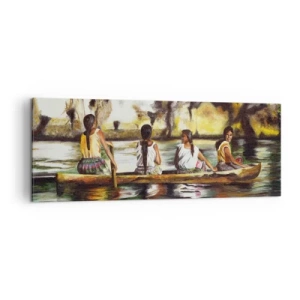 Cuadro sobre lienzo - Impresión de Imagen - Mujeres en un bote en un río tranquilo con un fondo pintoresco - 140x50cm - En un paraíso polinesio - Decoración de pared moderna para salón y dormitorio ARTTOR