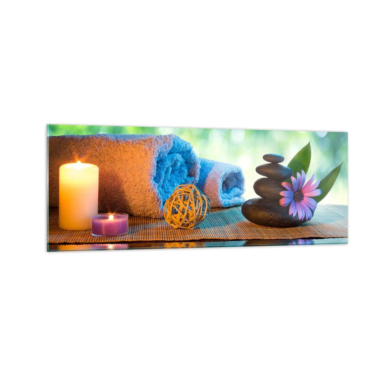 Cuadro sobre vidrio - Impresiones sobre Vidrio - Set de SPA relajante con toallas, velas y piedras - 140x50cm - Tiempo para el cuerpo - Decoración de pared moderna para salón y dormitorio ARTTOR