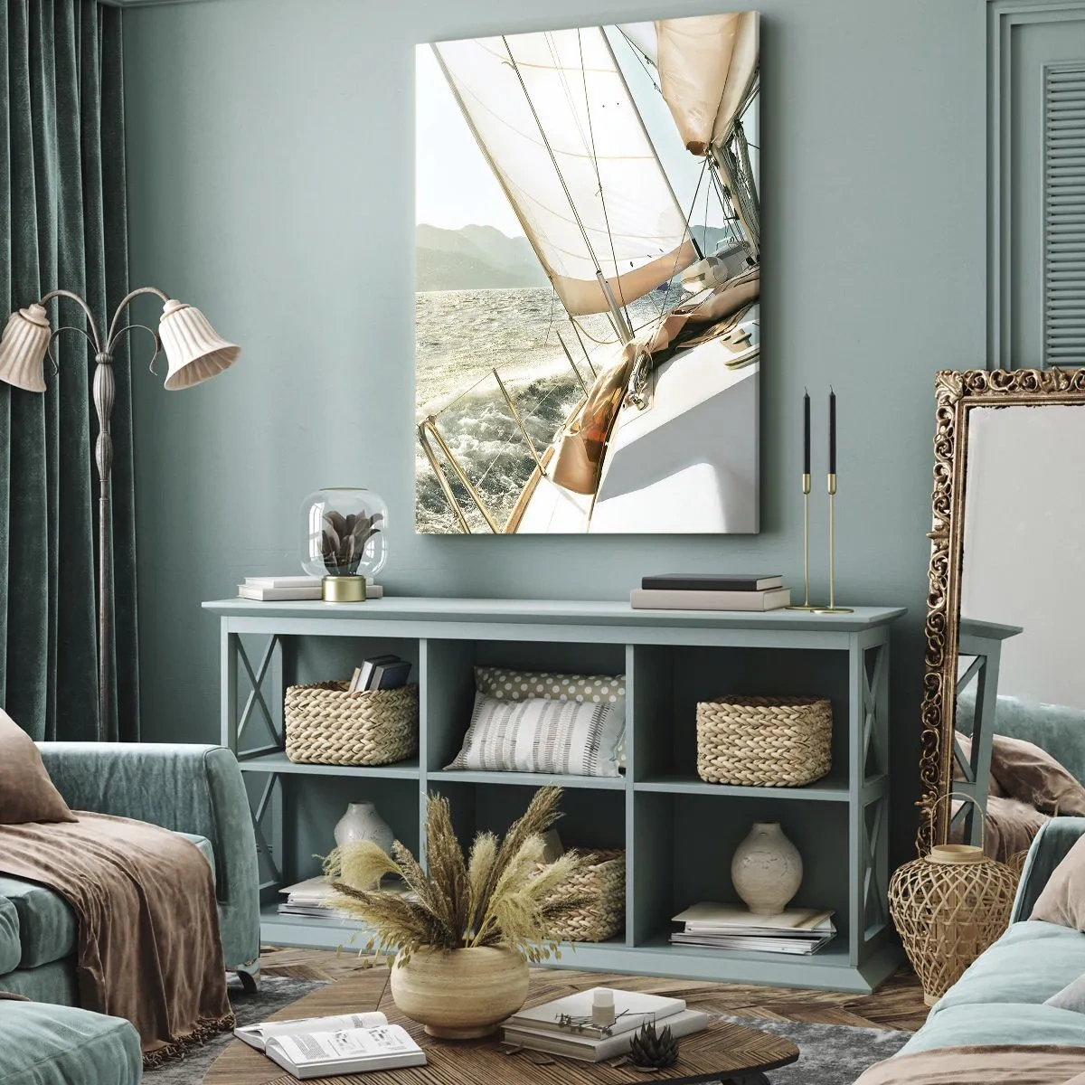 Cuadro sobre lienzo - Impresión de Imagen - Un yate en mar abierto con vistas a las montañas. - 50x70cm - A toda vela - Decoración de pared moderna para salón y dormitorio ARTTOR