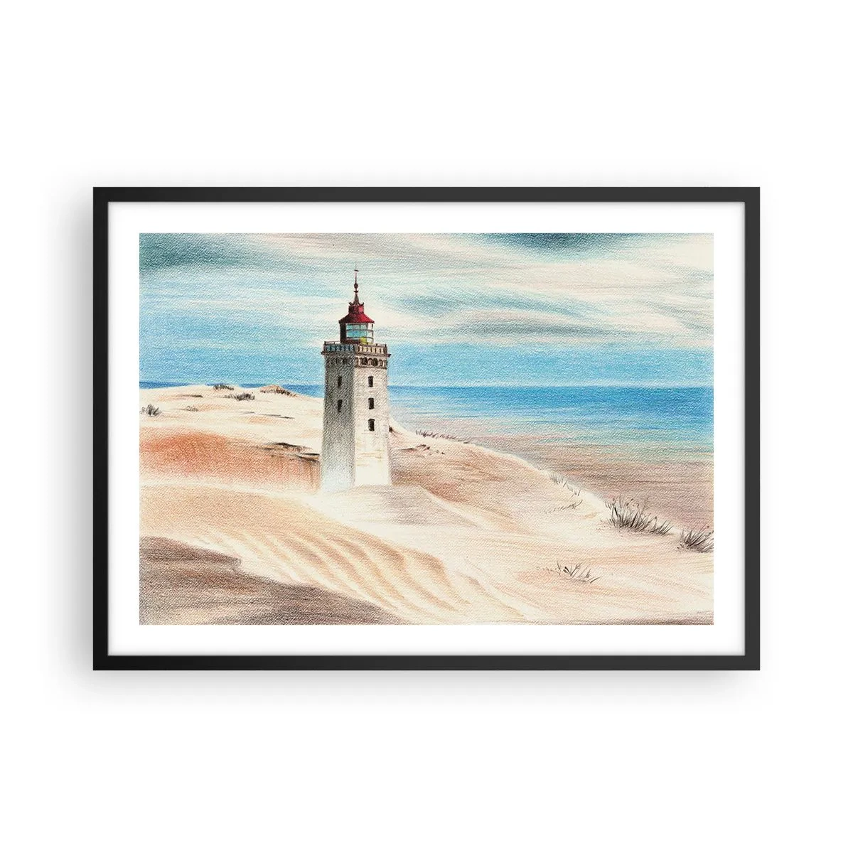 Póster en marco negro - Un faro rodeado de dunas de arena y un cielo azul. - 70x50cm - Siempre mirando al mar - Decoración de pared moderna para salón y dormitorio ARTTOR