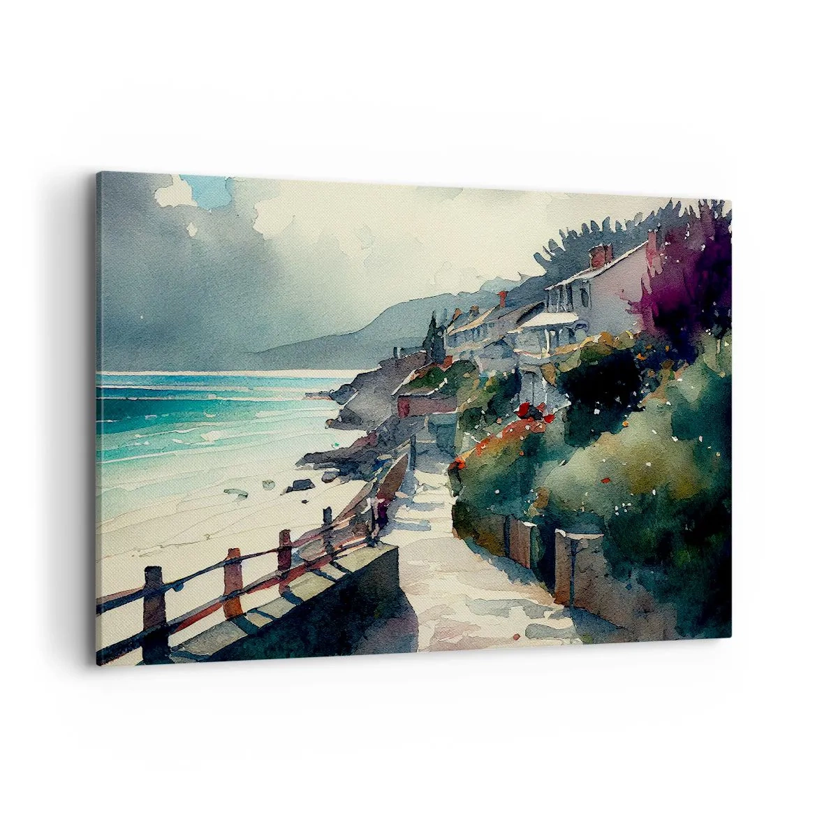 Cuadro sobre lienzo - Impresión de Imagen - Paseo marítimo con casas y vegetación - 100x70cm - Ciudad mediterránea - Decoración de pared moderna para salón y dormitorio ARTTOR