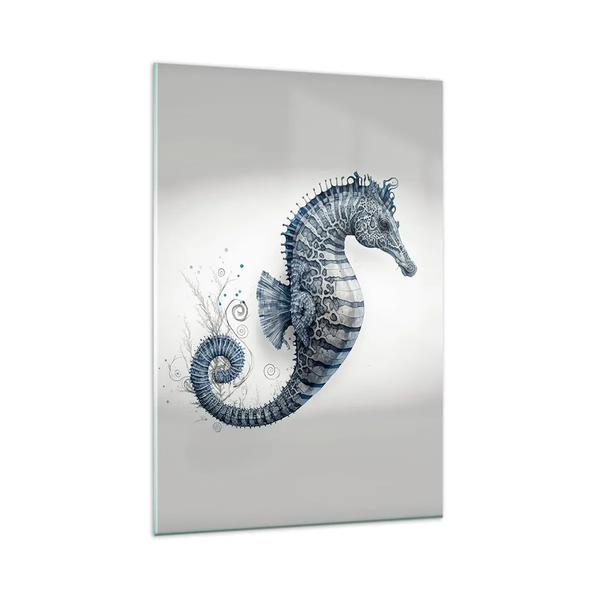 Cuadro sobre vidrio - Impresiones sobre Vidrio - Caballito de mar en tonos azules con detalles de acuarela - 80x120cm - Una sutil broma de la naturaleza - Decoración de pared moderna para salón y dormitorio ARTTOR