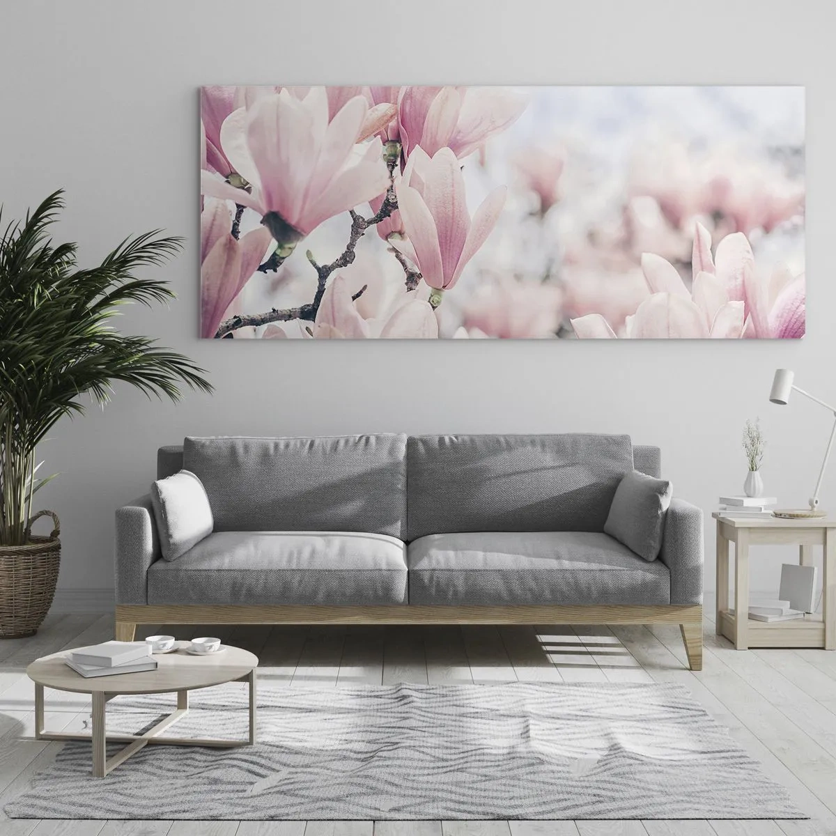 Cuadro sobre vidrio - Impresiones sobre Vidrio - Sutiles flores de magnolia en delicados tonos rosados. - 160x50cm - La perfección de la sutileza - Decoración de pared moderna para salón y dormitorio ARTTOR