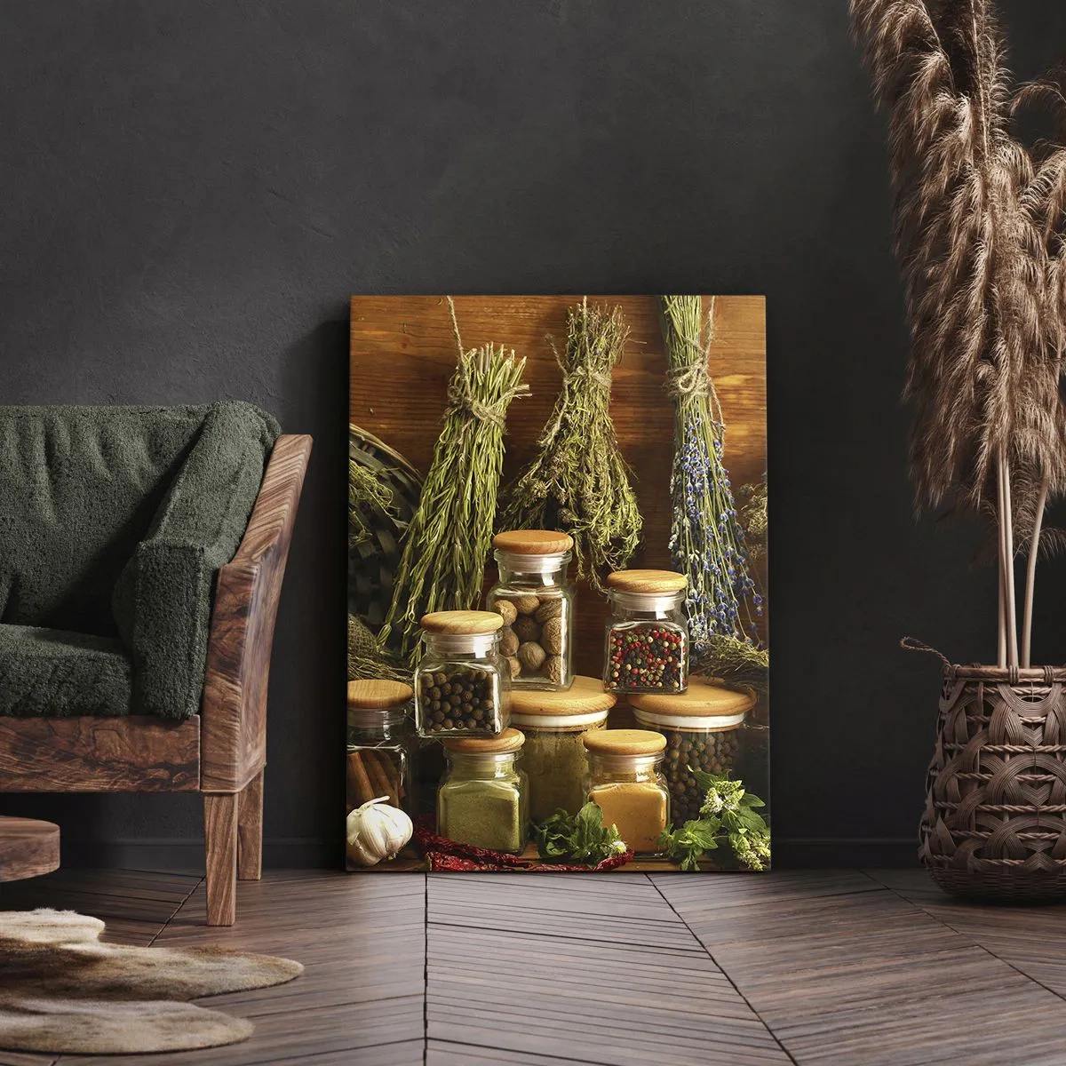 Cuadro sobre lienzo - Impresión de Imagen - Hierbas y especias en frascos sobre un fondo rústico. - 50x70cm - La magia de la cocina - Decoración de pared moderna para salón y dormitorio ARTTOR