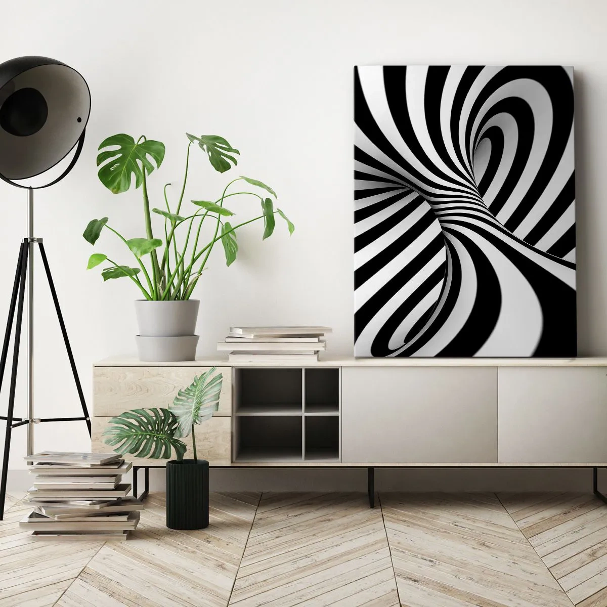 Cuadro sobre lienzo - Impresión de Imagen - Túnel abstracto con rayas espirales blancas y negras - 50x70cm - Composición: espacio de baile - Decoración de pared moderna para salón y dormitorio ARTTOR