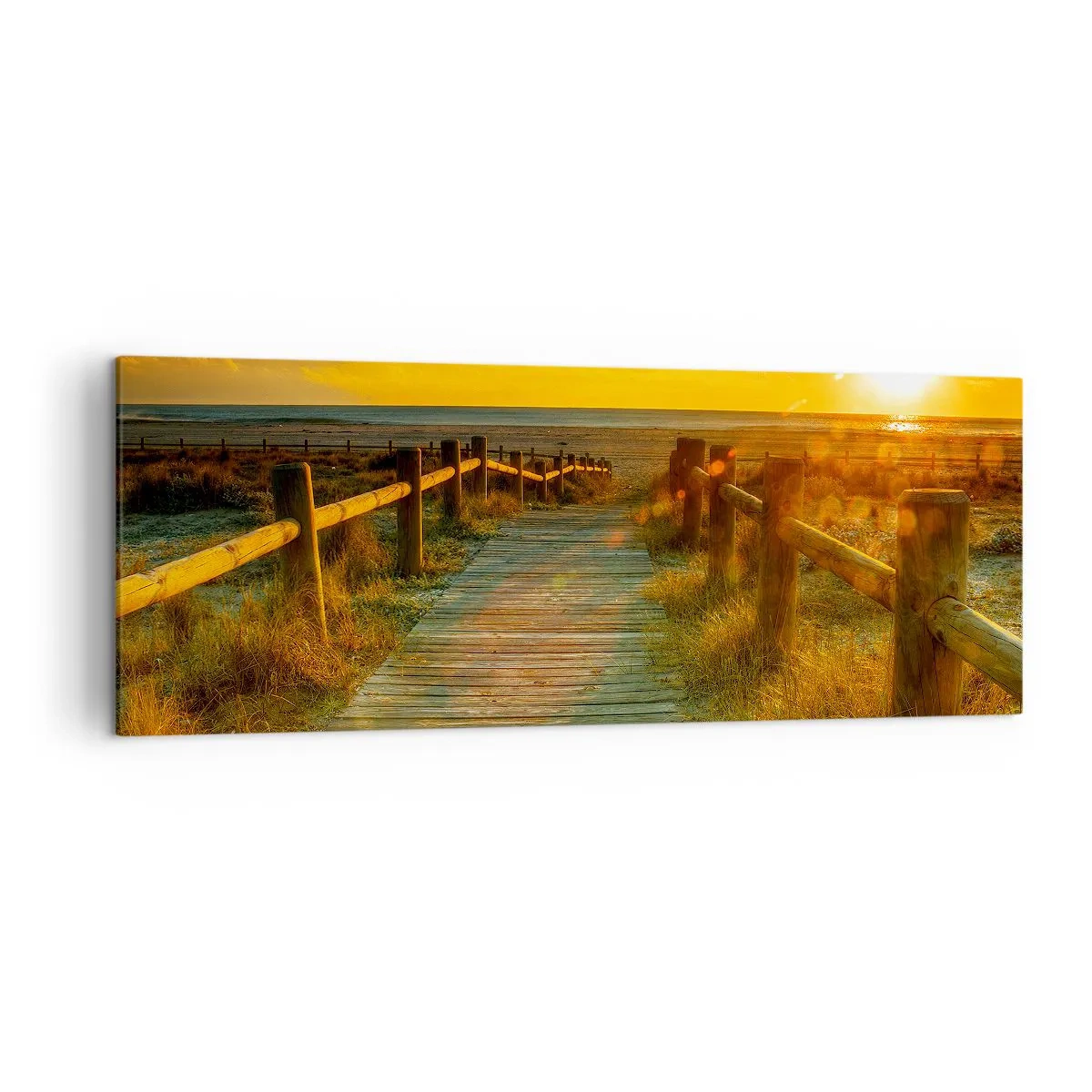 Cuadro sobre lienzo - Impresión de Imagen - Un camino de madera que conduce a la playa bajo el resplandor del sol poniente. - 140x50cm - Bañado en oro viejo - Decoración de pared moderna para salón y dormitorio ARTTOR