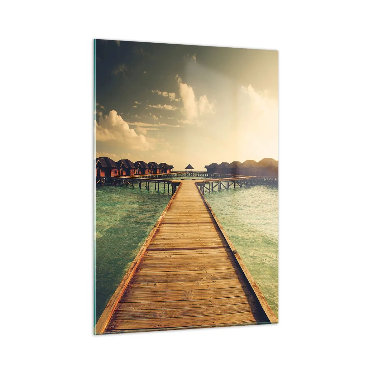 Cuadro sobre vidrio - Impresiones sobre Vidrio - El muelle que conduce a las cabañas frente al mar al atardecer. - 50x70cm - Una cálida invitación - Decoración de pared moderna para salón y dormitorio ARTTOR