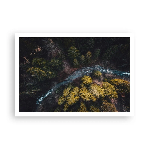 Póster - Una vista desde arriba de un bosque con un río sinuoso. - 100x70cm - Rápido, cada vez más rápido - Decoración de pared moderna para salón y dormitorio ARTTOR