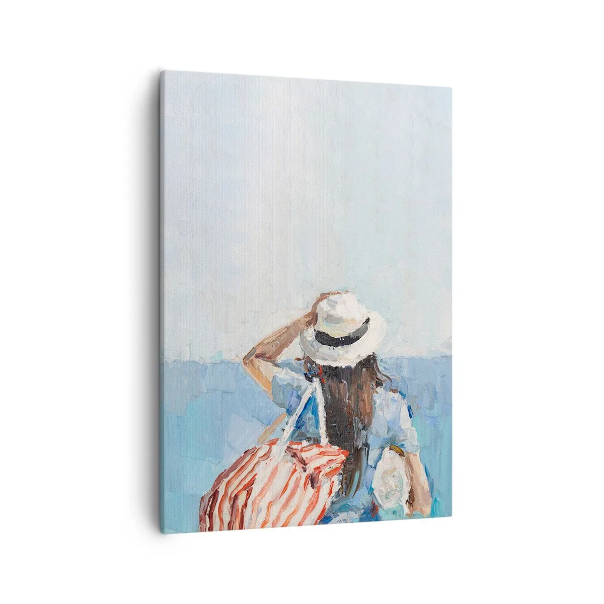 Cuadro sobre lienzo - Impresión de Imagen - Una mujer con sombrero frente al mar azul. - 50x70cm - Bienvenida a tus vacaciones - Decoración de pared moderna para salón y dormitorio ARTTOR