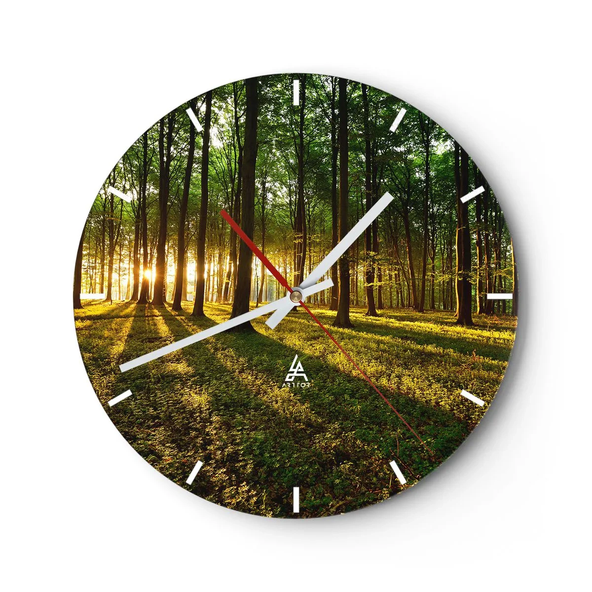 Reloj de pared - Reloj de vidrio - Un bosque con rayos de sol brillando a través de los árboles. - 30x30cm - Una fotografía de todos los manantiales - Decoración de pared moderna para salón, cocina y dormitorio ARTTOR