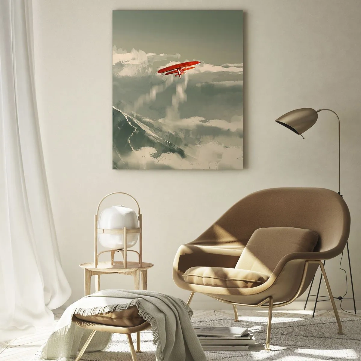 Cuadro sobre vidrio - Impresiones sobre Vidrio - Un avión rojo volando sobre montañas nevadas. - 50x70cm - Pionero sin miedo - Decoración de pared moderna para salón y dormitorio ARTTOR
