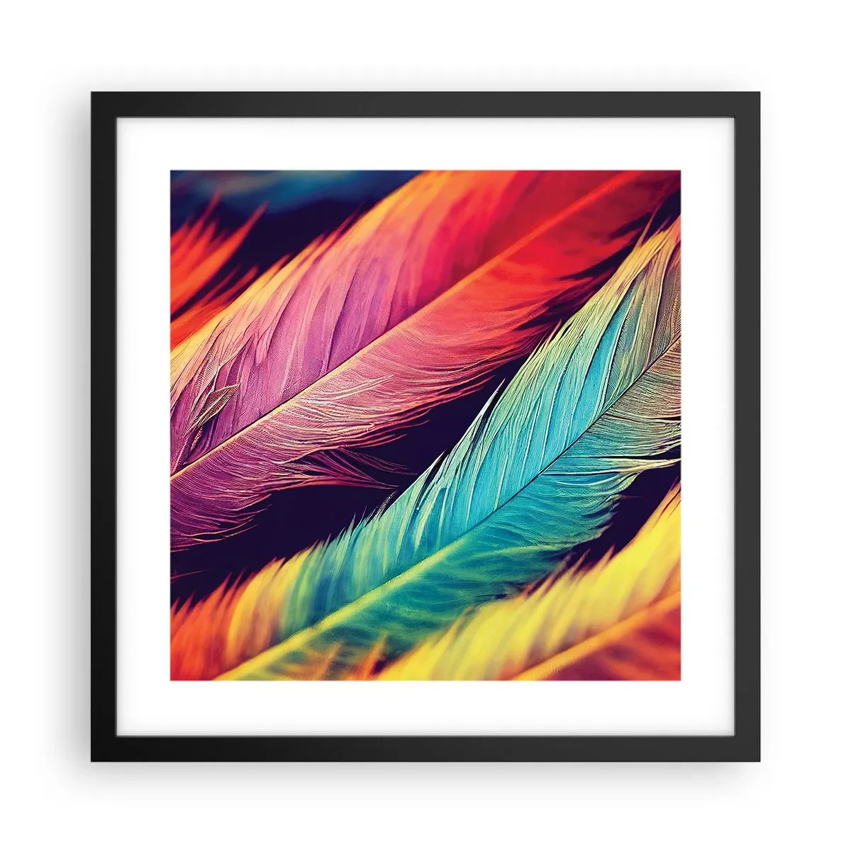 Póster en marco negro - Arco iris plumoso - 40x40 cm