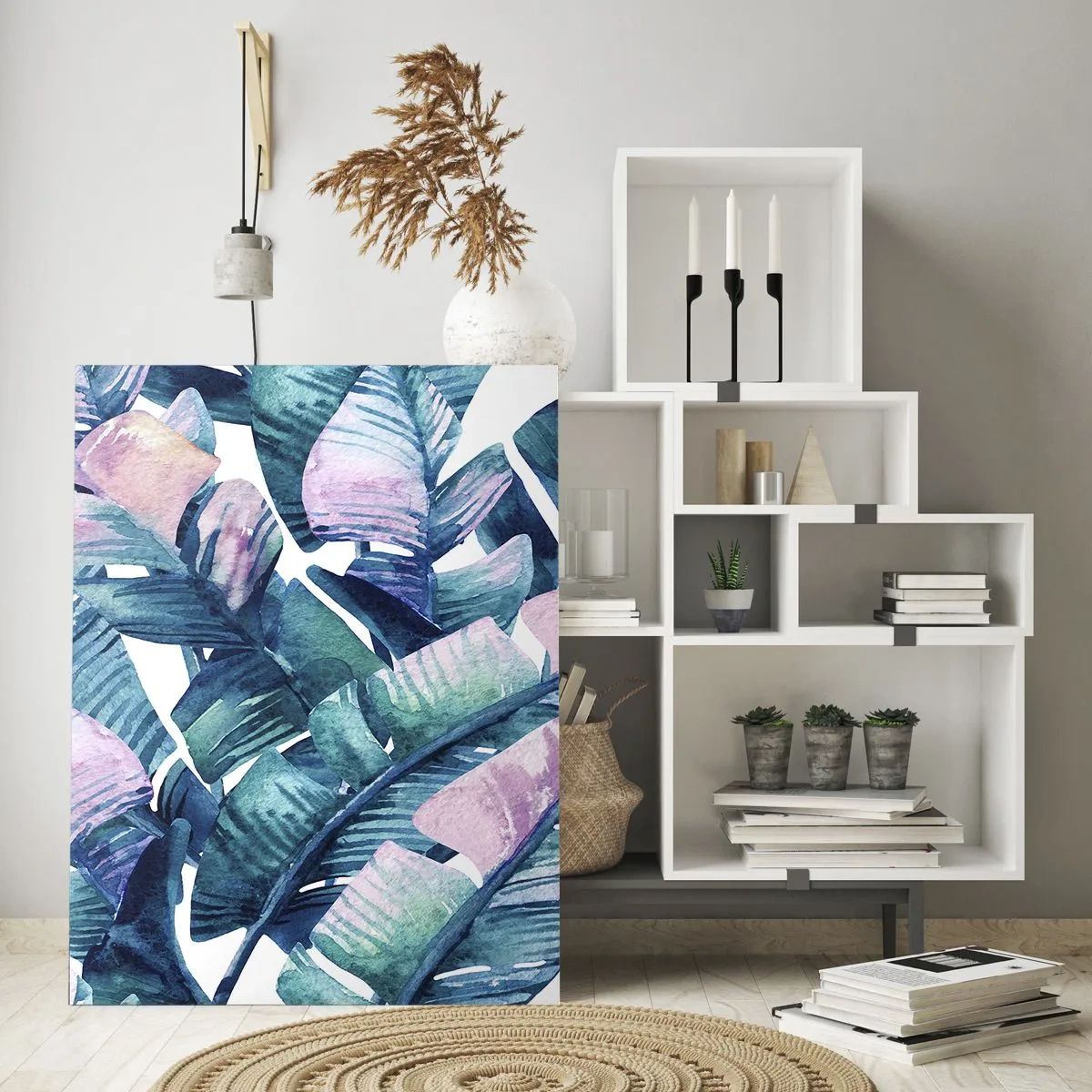 Cuadro sobre vidrio - Impresiones sobre Vidrio - Hojas de plátano en tonos pastel sobre un fondo blanco. - 50x70cm - En una plantación de plátanos - Decoración de pared moderna para salón y dormitorio ARTTOR