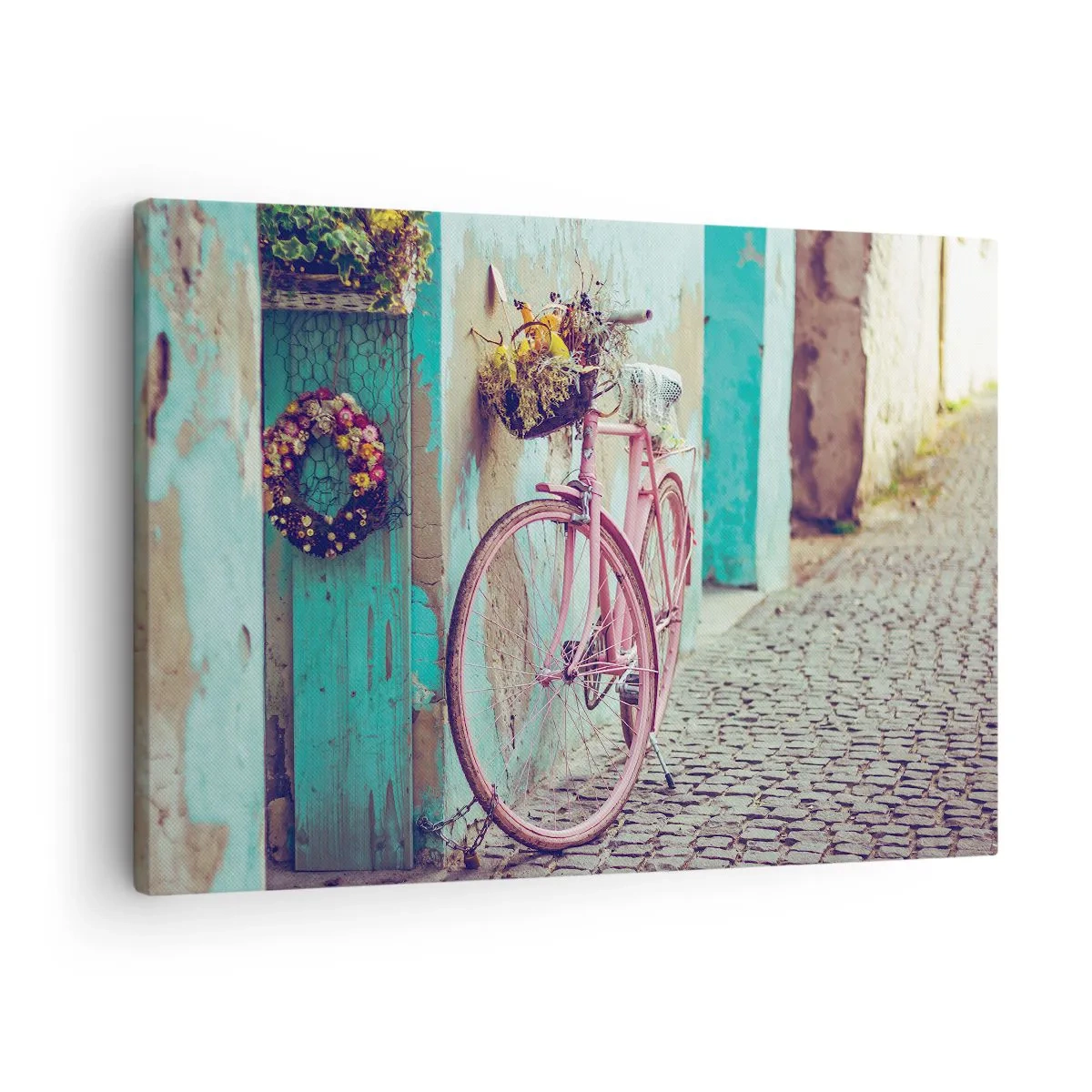 Cuadro sobre lienzo - Impresión de Imagen - Una bicicleta rosa junto a una puerta turquesa. - 70x50cm - Ahora mismo vuelvo - Decoración de pared moderna para salón y dormitorio ARTTOR