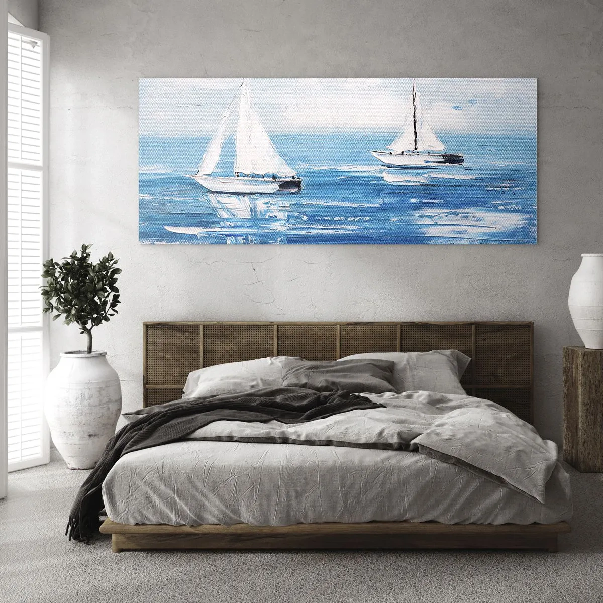 Cuadro sobre vidrio - Impresiones sobre Vidrio - Yates en el mar azul en estilo artístico. - 160x50cm - Con un amigo a tu lado - Decoración de pared moderna para salón y dormitorio ARTTOR