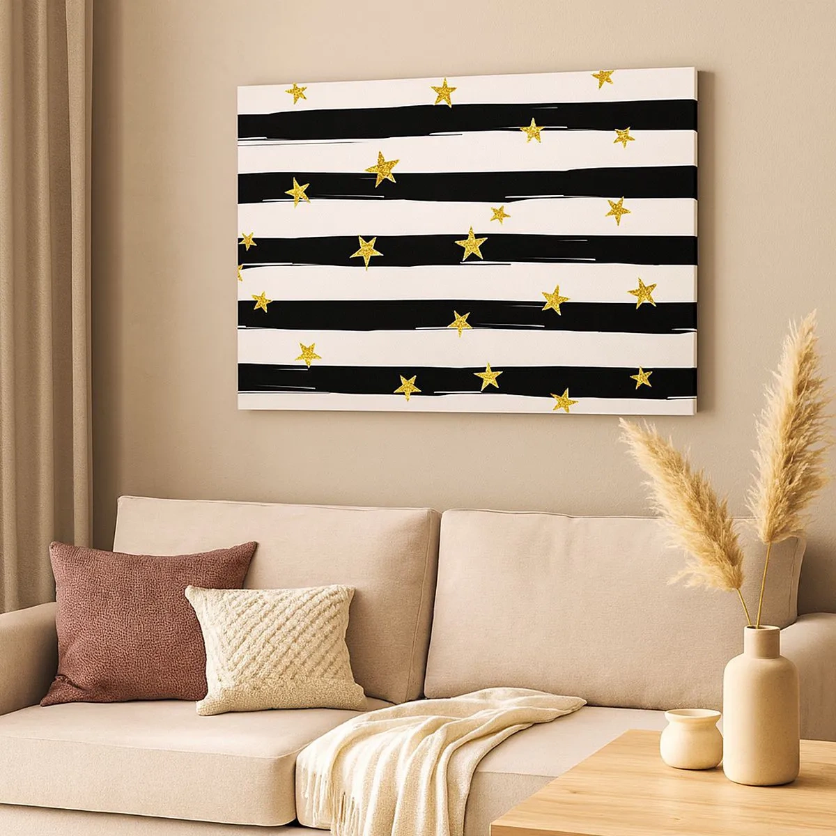 Cuadro sobre lienzo - Impresión de Imagen - Rayas blancas y negras con estrellas doradas - 70x50cm - Todos hemos nacido bajo una estrella de la suerte - Decoración de pared moderna para salón y dormitorio ARTTOR