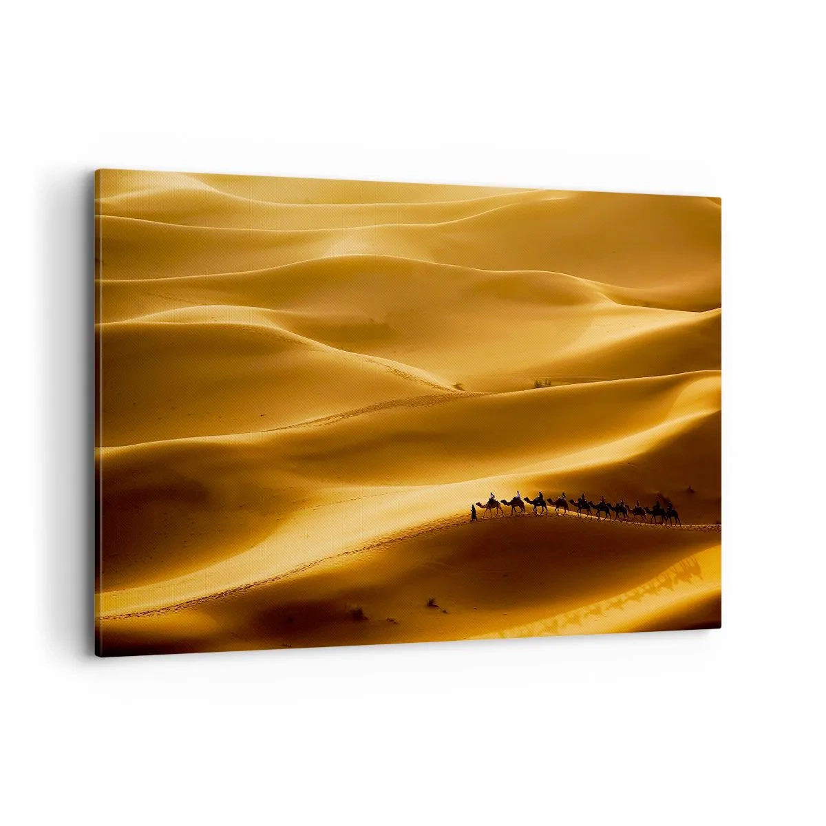 Cuadro sobre lienzo - Impresión de Imagen - Una caravana de camellos vagando por las dunas doradas del desierto. - 120x80cm - Caravana sobre las olas del desierto - Decoración de pared moderna para salón y dormitorio ARTTOR