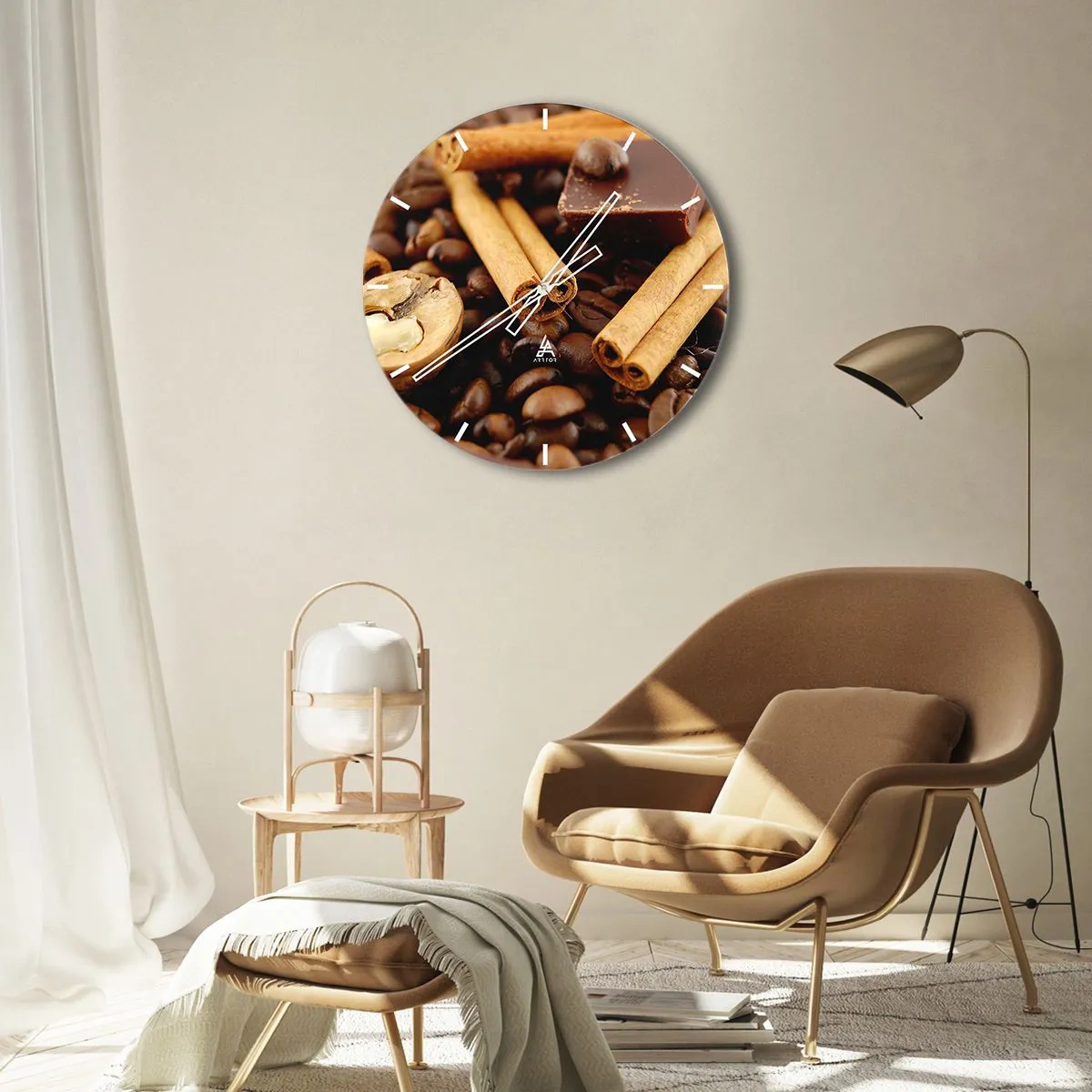 Reloj de pared - Reloj de vidrio - Granos de café, canela y trozos de chocolate. - 30x30cm - Concierto de aromas - Decoración de pared moderna para salón, cocina y dormitorio ARTTOR