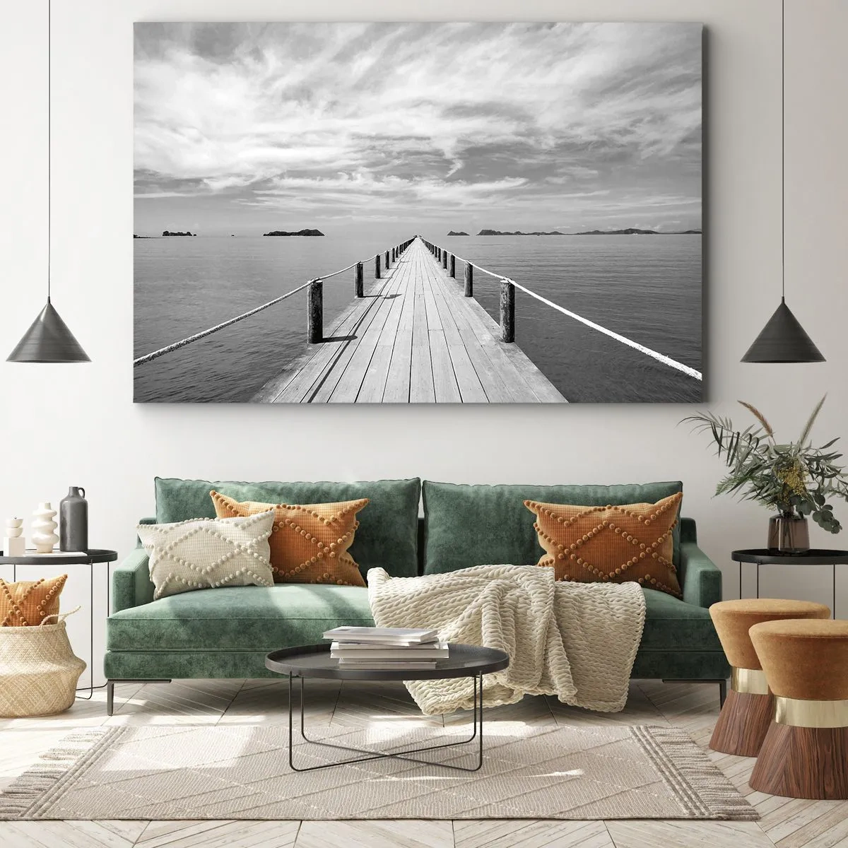Cuadro sobre lienzo - Impresión de Imagen - Un muelle de madera que se pierde en la distancia sobre un mar en calma. - 70x50cm - Hora de viajar - Decoración de pared moderna para salón y dormitorio ARTTOR