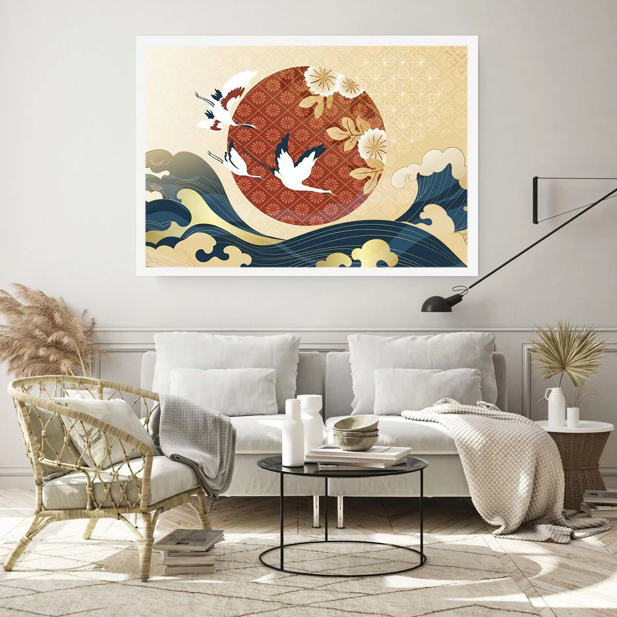 Póster - Composición japonesa con grullas y olas. - 100x70cm - Un cuento de hadas japonés - Decoración de pared moderna para salón y dormitorio ARTTOR