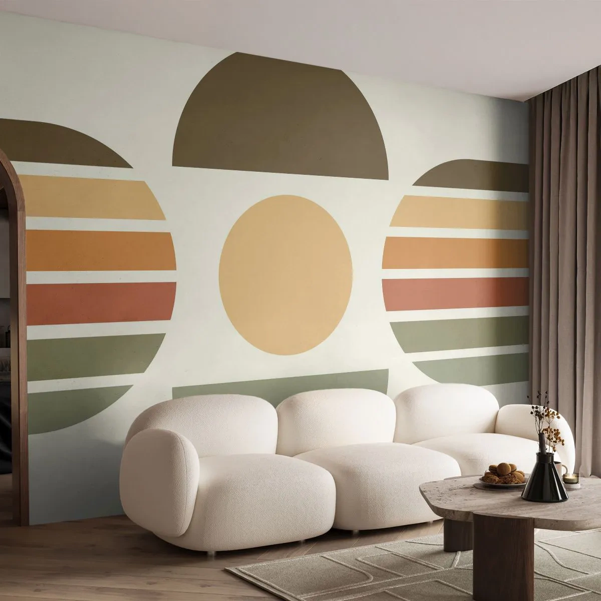 Fotomural Standard Eco - Semicírculos y rayas geométricas en tonos tierra - 100x70cm - Los tonos de la tierra - Decoración de pared moderna para salón y dormitorio ARTTOR