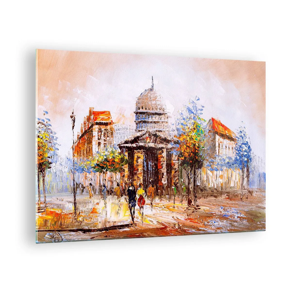 Cuadro sobre vidrio - Impresiones sobre Vidrio - Una pintoresca calle de la ciudad con un edificio histórico al fondo. - 70x50cm - Un paseo parisino - Decoración de pared moderna para salón y dormitorio ARTTOR