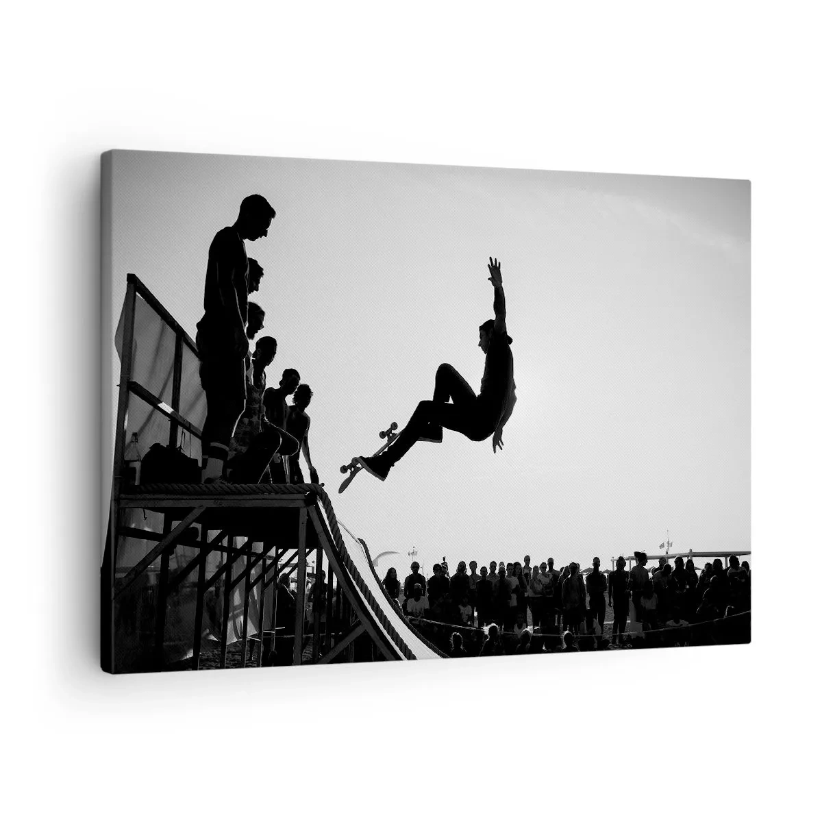 Cuadro sobre lienzo - Impresión de Imagen - Escena de skate en blanco y negro en una rampa - 70x50cm - Héroes y espectadores - Decoración de pared moderna para salón y dormitorio ARTTOR