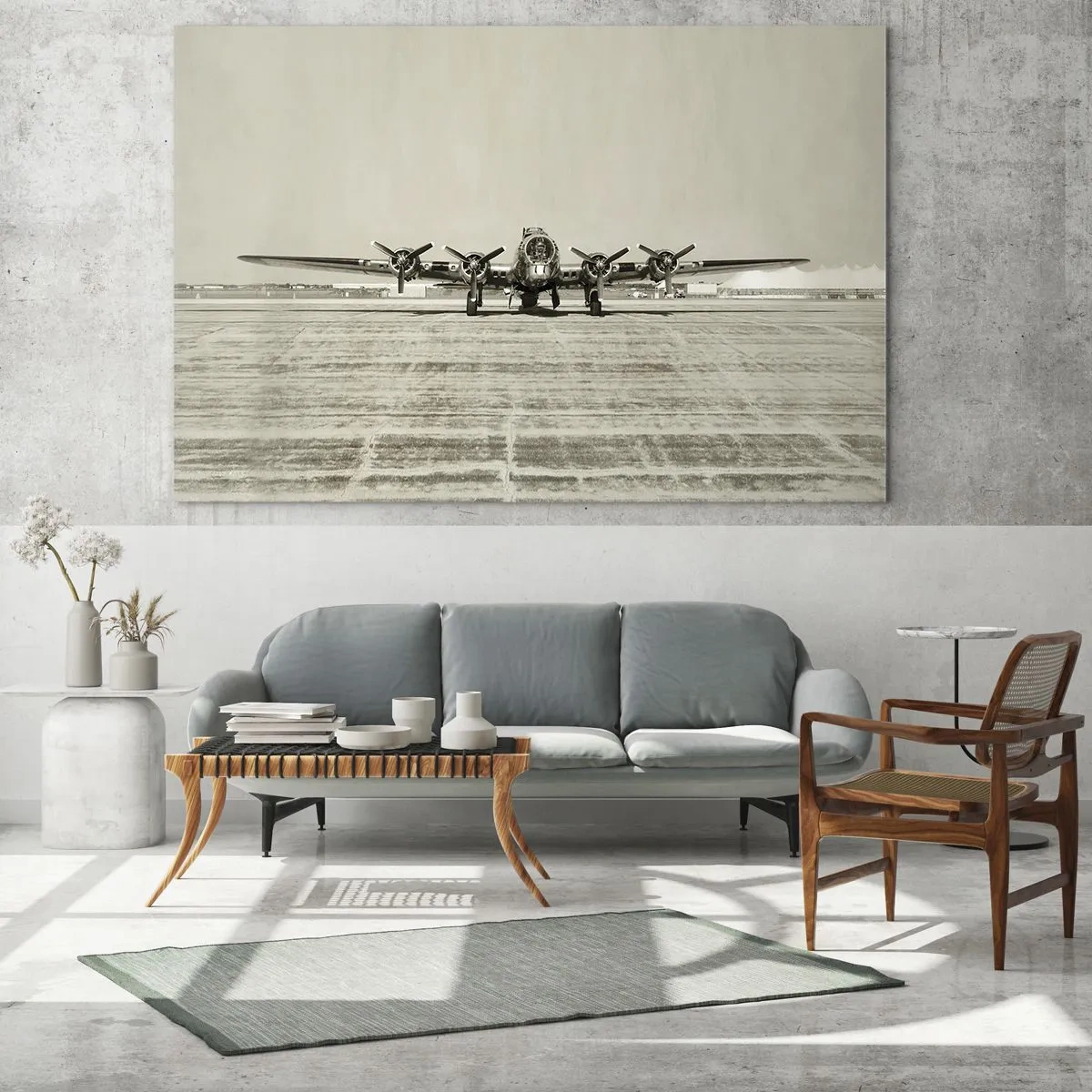 Cuadro sobre vidrio - Impresiones sobre Vidrio - Avión histórico en el aeropuerto en estilo sepia. - 70x50cm - Como siempre, preparado - Decoración de pared moderna para salón y dormitorio ARTTOR