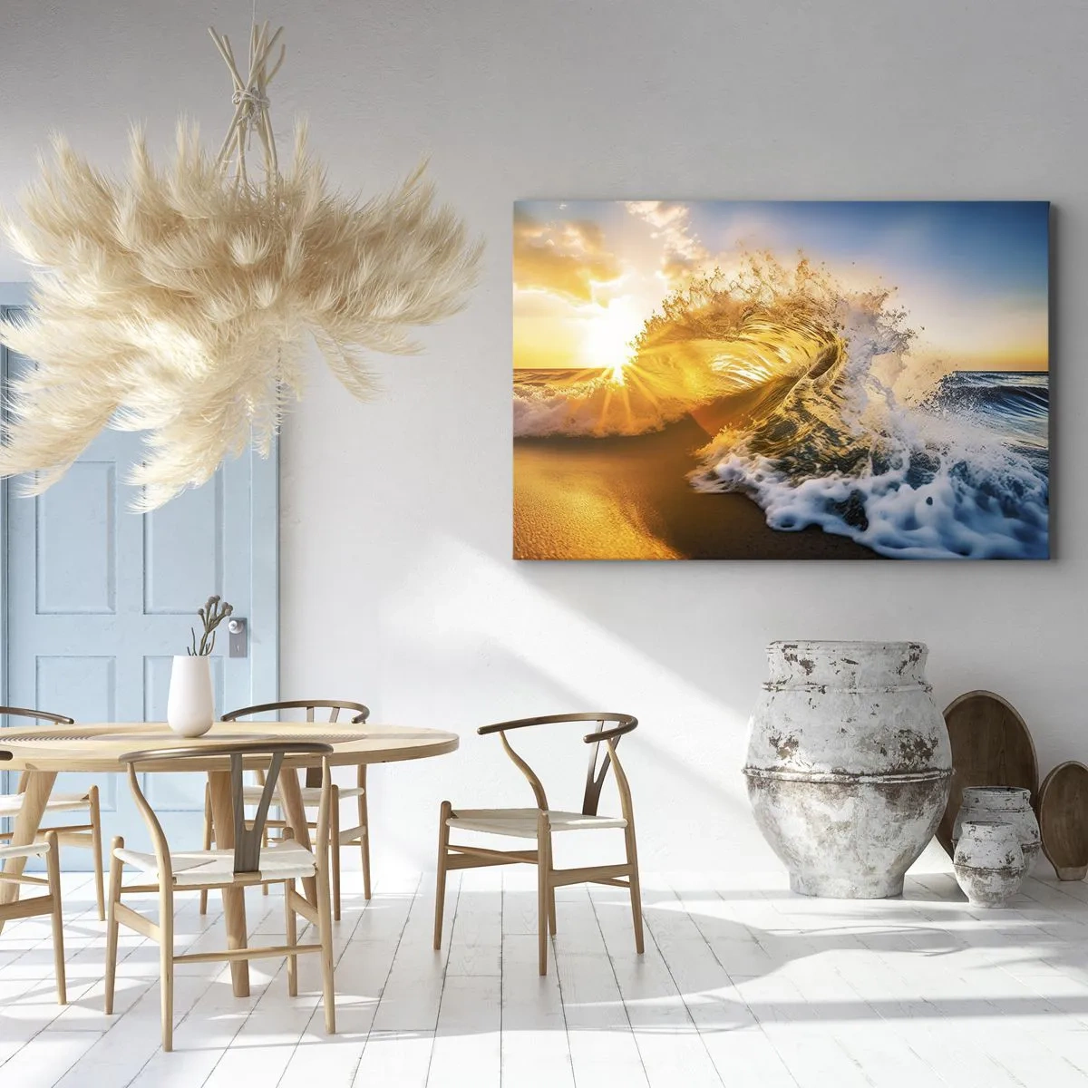 Cuadro sobre lienzo - Impresión de Imagen - Una ola dorada con el sol poniente como telón de fondo. - 120x80cm - Jugando en la arena - Decoración de pared moderna para salón y dormitorio ARTTOR