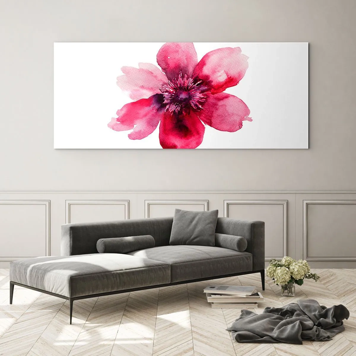 Cuadro sobre vidrio - Impresiones sobre Vidrio - Flor rosa en estilo acuarela sobre fondo blanco. - 140x50cm - Un beso con aroma a carmín - Decoración de pared moderna para salón y dormitorio ARTTOR