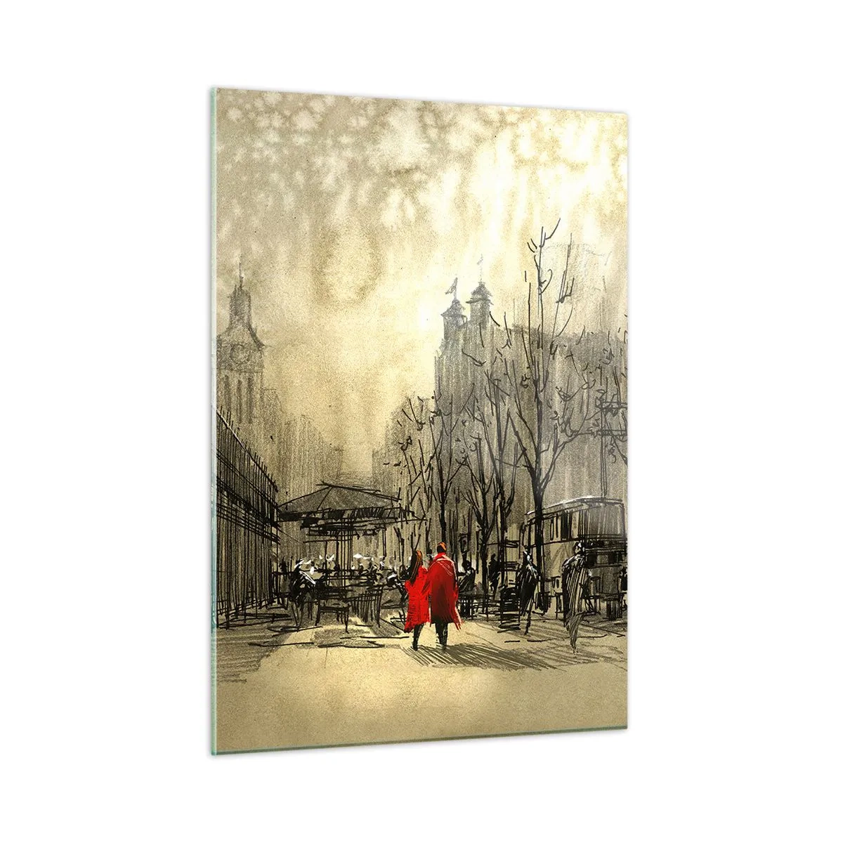 Cuadro sobre vidrio - Impresiones sobre Vidrio - Una cita en la niebla londinense con acento de abrigo rojo - 50x70cm - Cita en la niebla de Londres  - Decoración de pared moderna para salón y dormitorio ARTTOR