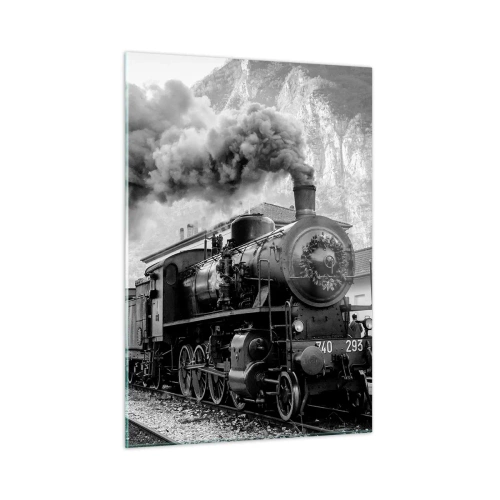 Cuadro sobre vidrio - Impresiones sobre Vidrio - Un antiguo tren de vapor en un paisaje montañoso. - 50x70cm - Rumbo a la estación... - Decoración de pared moderna para salón y dormitorio ARTTOR