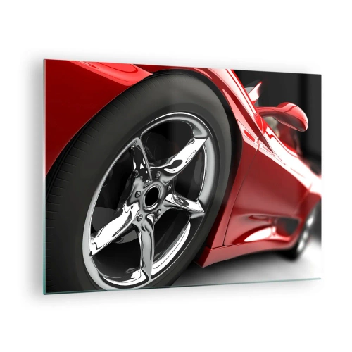 Cuadro sobre vidrio - Impresiones sobre Vidrio - Detalle de un coche deportivo rojo con llanta cromada. - 70x50cm - Creado para la velocidad - Decoración de pared moderna para salón y dormitorio ARTTOR
